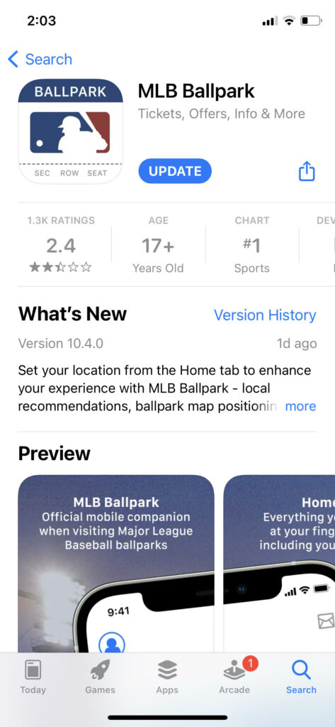 MLB Ballpark App Download Page