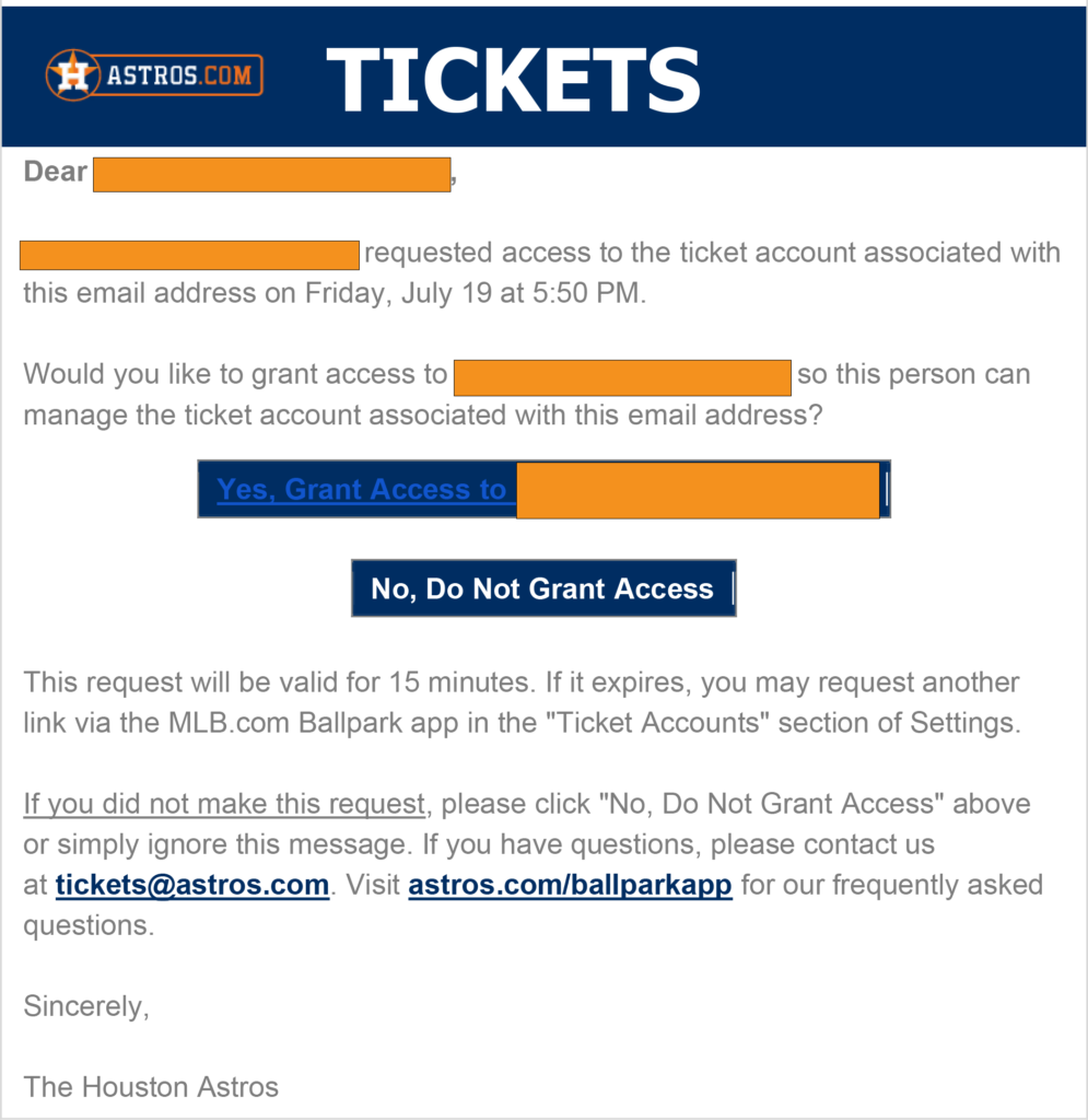 Verification Email to Claim MLB Mobile Tickets